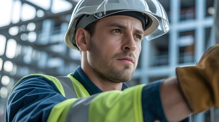 Construction Worker's Dedication: Focused construction worker, dons a safety helmet and vest, demonstrating commitment and expertise amidst the industrial framework. 