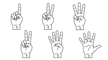 Fototapeta premium Illustrative hands displaying numbers one through five black and white silhouette