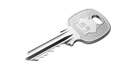 Silver house key with house symbol on head, isolated on transparent background