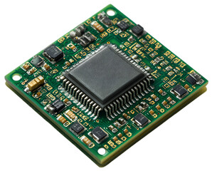 An embedded computer chip with numerous electronic components laid out neatly