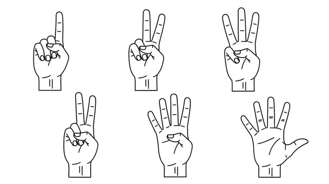Illustrative hands displaying numbers one through five black and white silhouette