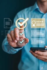 Businessman Checking Digital Quality Assurance Checklist and Online Survey Feedback Results for Business Process Standardization and Excellence