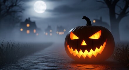 Eerie pumpkin glowing in foggy night