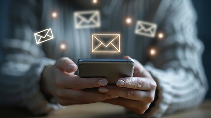 Woman using smartphone to check email notifications with digital envelope icons on a blue background