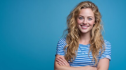 A friendly and confident portrait of a young woman with long, wavy blonde hair and a radiant smile, looking directly at the camera. 