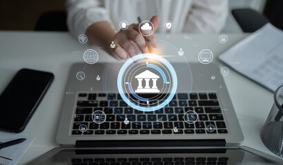 A global FinTech and digital banking network technology concept. A central financial system connected to the worldwide digital economy and services. Motif