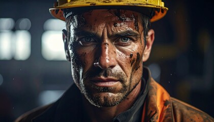 Intense portrait of a rugged oil worker with a dirty face, wearing a hard hat. Concept of petroleum extraction, the global energy crisis, hard labor, and the ongoing oil war for resources.