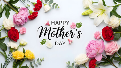 Happy Mothers Day Greeting With Assorted Flowers On mother's day White Background floral arrangement