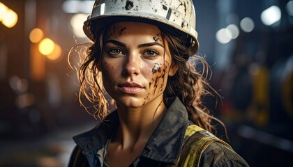 Portrait of a resolute female industrial worker with a dirty face and helmet, symbolizing the challenges of oil extraction. This powerful image evokes the concept of the global oil war.
