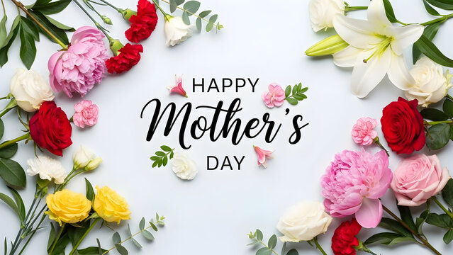 Happy Mothers Day Greeting With Assorted Flowers On mother's day White Background floral arrangement