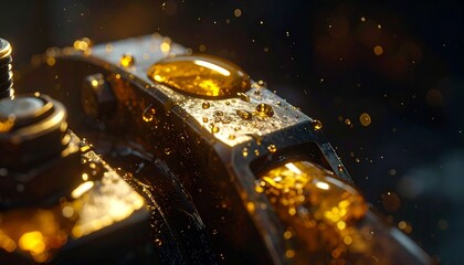 Macro detail of industrial machinery with golden oil drops, a powerful concept for petroleum extraction, the energy sector and the geopolitical tensions surrounding the global oil war. Dark background