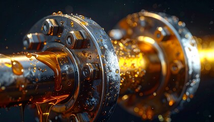 Close-up of an industrial pipeline dripping with crude oil, symbolizing the global energy crisis, fuel extraction industry, and the geopolitical concept of an oil war. Power and engineering concept.