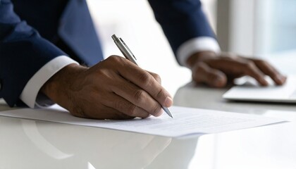 Focus on the details: An authoritative figure, captured at the moment of signing a vital document, embodies focus and purpose.