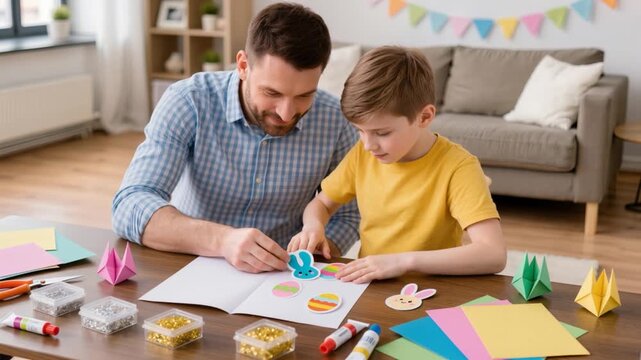 A white Caucasian father and son sitting at a table decorating Easter crafts with colorful stickers - joyful spring activity for kids - family bonding and DIY project
