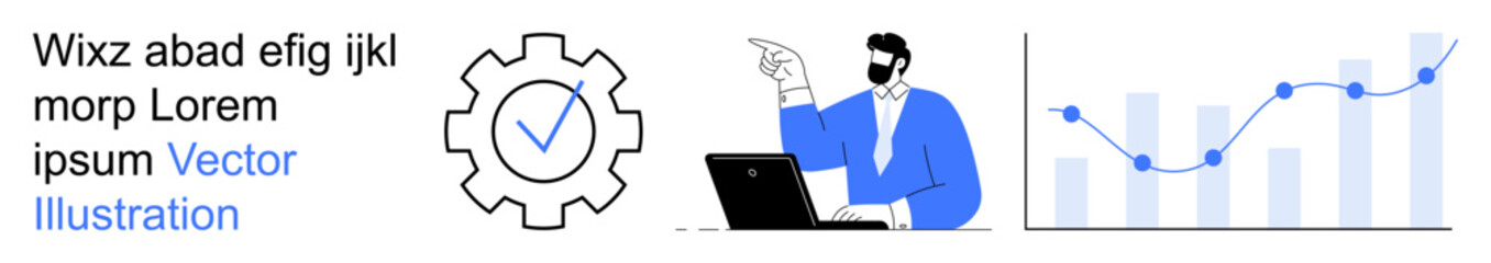 Business solutions, data management, workflow optimization, task tracking, analytics, performance insights. A gear icon with a check mark, professional at a laptop and a rising graph. Business