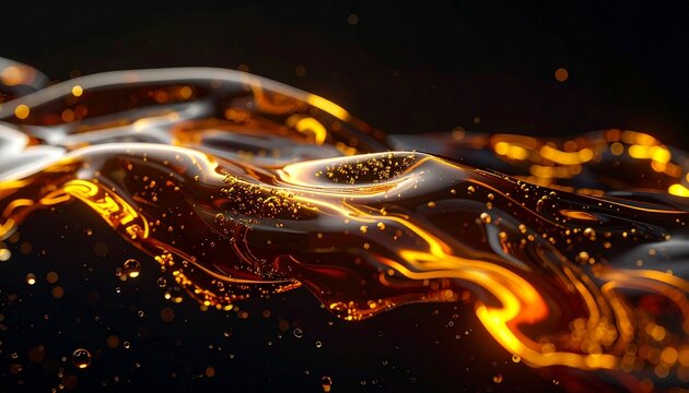 Abstract macro view of crude oil extraction, symbolizing the global energy crisis and oil war. Golden liquid flows with bubbles, representing the fossil fuel industry, power, and petroleum wealth.