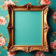 Ornate red gold frame on teal floral wallpaper; ample copy space , classic, rich