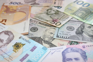 Mixed Banknotes of Hryvnia, Dollar and Euro, International Currency Cash, Financial Concept