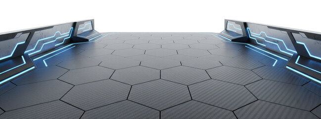 Futuristic Hexagon Platform With Blue Neon. Dark carbon floor features geometric pattern and glowing light lines on safety barriers.