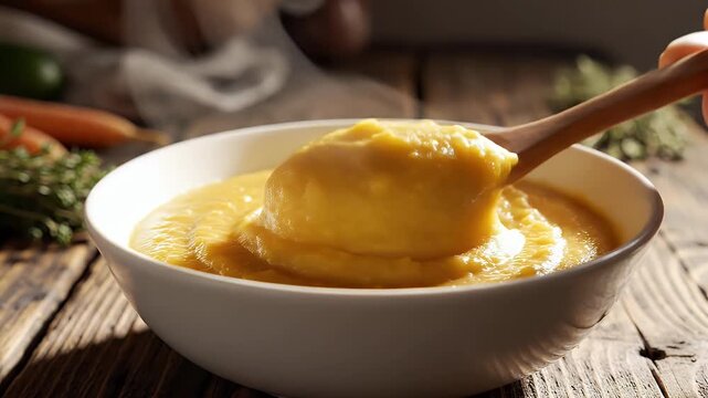 Creamy Polenta in a White Bowl - A close-up of creamy polenta served in a white bowl on a rustic wooden table, with a hand stirring it using a wooden spoon.