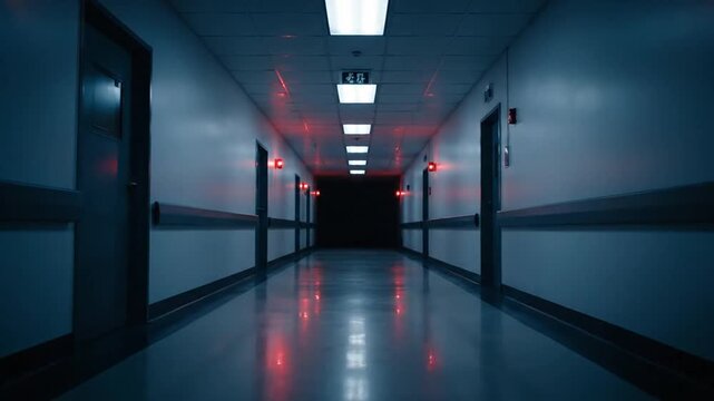 Spooky dark hospital corridor with red emergency lights and long hallway perspective creating a chilling atmosphere