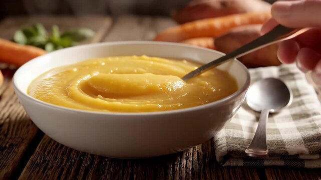Creamy Mashed Potatoes in a Bowl - A spoonful of smooth, creamy mashed potatoes being lifted from a white bowl, showcasing its rich texture.