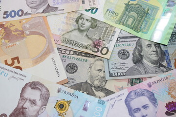 Mixed Banknotes of Hryvnia, Dollar and Euro, International Currency Cash, Financial Concept