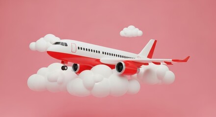 Red and white airplane flying through clouds