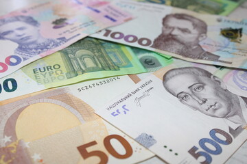 Mixed Banknotes of Hryvnia, Dollar and Euro, International Currency Cash, Financial Concept