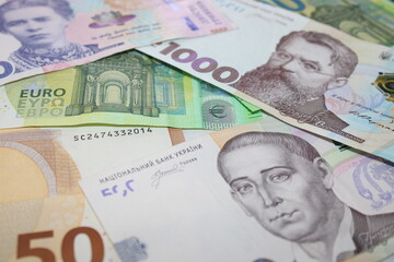 Mixed Banknotes of Hryvnia, Dollar and Euro, International Currency Cash, Financial Concept