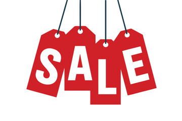 Red sale tags hanging on strings against a white background.
