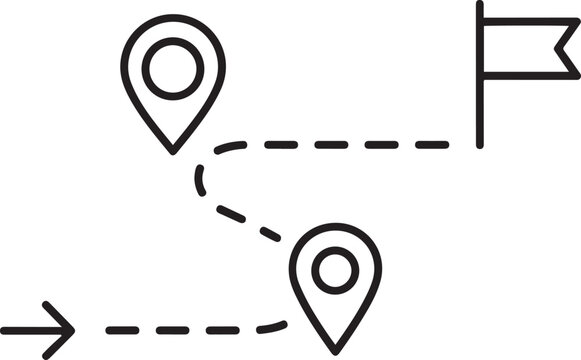 Black and white line art icon of a dashed route with location pins and a flag path