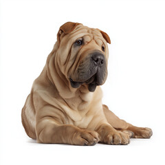 Obraz premium Shar Pei Dog with Wrinkled Skin Lying Calmly Isolated on White Background – Purebred Dog Portrait, Pet and Animal Concept