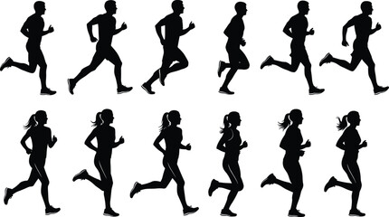 running, silhouette, athlete, male, female, motion, posture, black, white, icon, illustration, vector, design, symbol, fitness, sport, action, dynamic, movement, training, energy