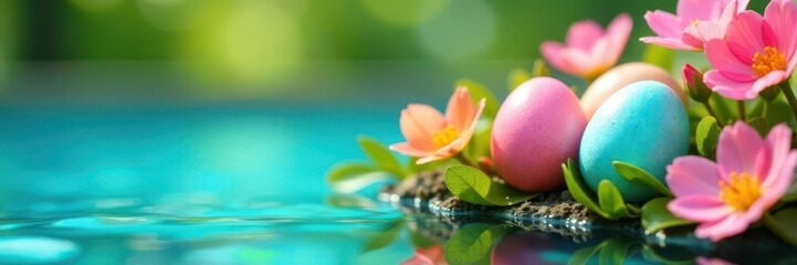 Pastel eggs nestled in vibrant spring flowers beside a sparkling blue pool , relax, illustration
