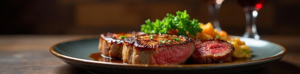 Perfectly seared steaks, elegant wine glasses, rich red wine, date, corkscrew, plate