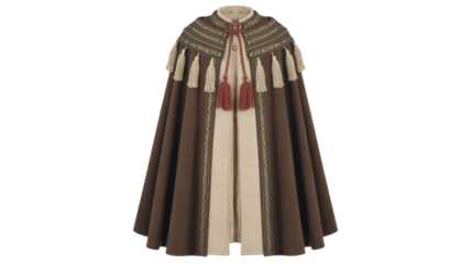 Warm brown cape with ornate trim and tassels