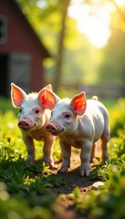 Pigs explore a vibrant farmyard, basking in sunshine , summer, adorable, countryside
