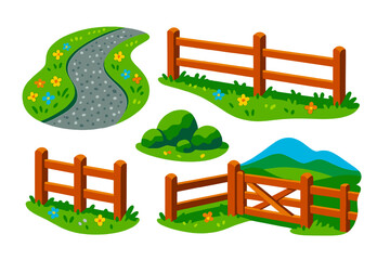 Country Road Serenity. Isometric vector illustration set Country Road Fence: gravel road, wooden fence posts, wildflowers along