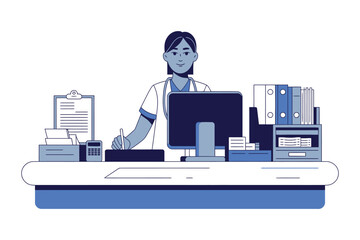 A person in medical attire stands behind a reception desk with a computer and files.