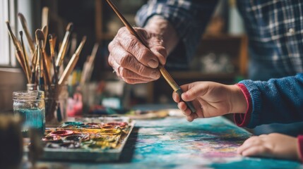 Elderly male teaching child to paint in art studio