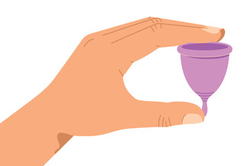 A hand holds a purple menstrual cup, showcasing a modern feminine hygiene product.