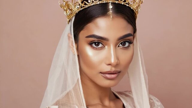 A young Middle-Eastern woman with long dark hair wears a golden crown and a white veil. She has a subtle makeup look, embodying the spirit of Purim celebrations.