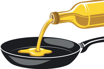 A bottle pours cooking oil into a frying pan for food preparation.