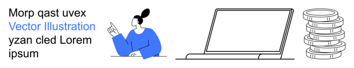 Business strategy, digital economy, e-learning, fintech, remote work, savings. Person pointing, laptop outline coin stack. Business strategy and digital economy concept