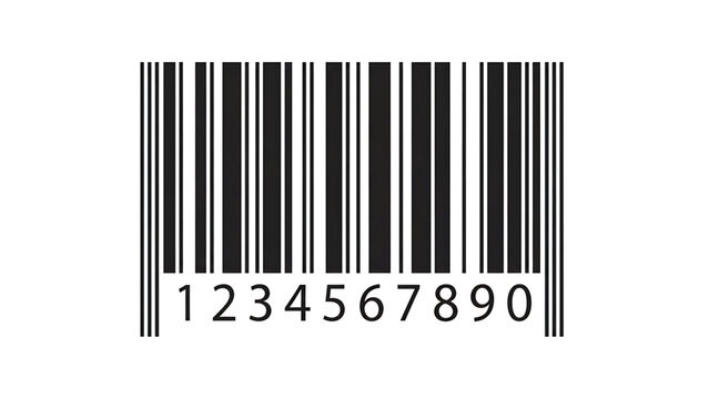 A black and white barcode graphic with numbers on a plain background