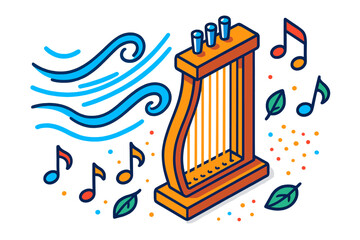 Aeolian Wind Harp. Isometric vector illustration set Aeolian Wind Harp: wind harp with taut strings, flowing air currents, tiny