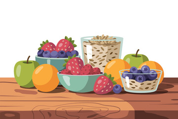 Various fresh fruits and a glass of oats are arranged on a wooden table.