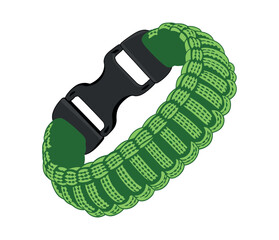 A green paracord survival bracelet with a black plastic buckle is displayed isolated on white.