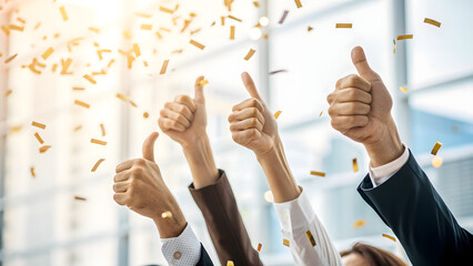 Business group celebrating corporate success showing thumbs up sign against bright office window backdrop